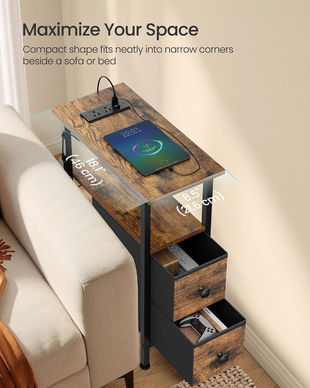 SONGMICS Side Table with LED Light, Narrow End Table with 2 Fabric Drawers