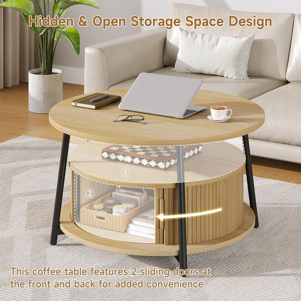 ONBRILL 31.5" Round Coffee Table with Storage and 2 Tiers, Oak