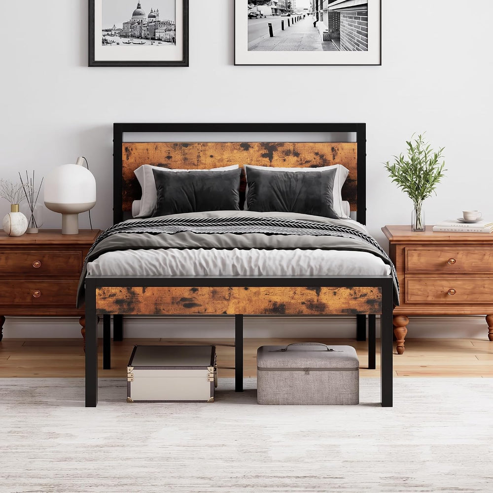 Sweetcrispy Queen 14 Inch Bed Frame with Wood Headboard, Rustic Brown