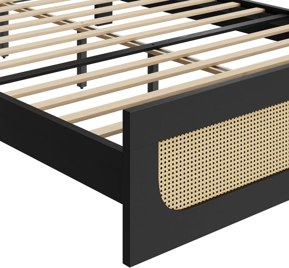 KISLOT Rattan Bed Frame with 2 Nightstands, Boho Platform, Black, Queen