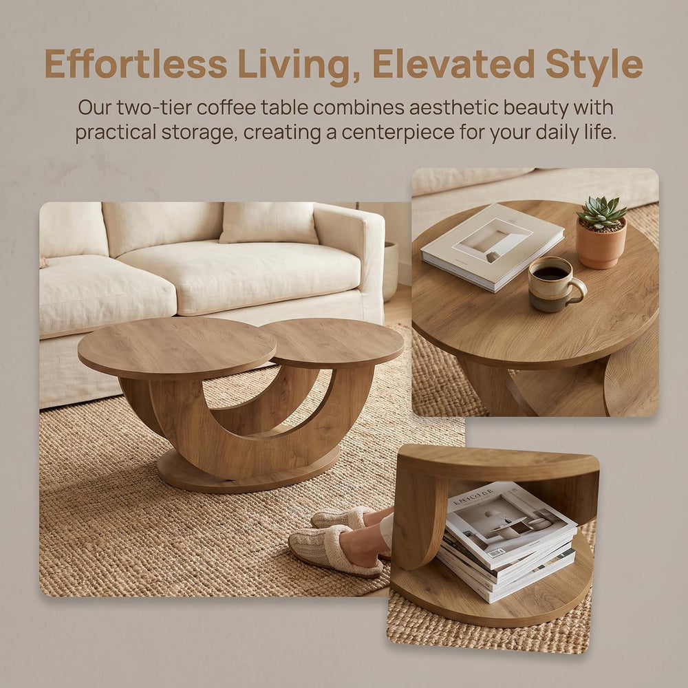 Tribesigns 45.3" Round Wooden Coffee Table, 2-Tier Farmhouse Center Table