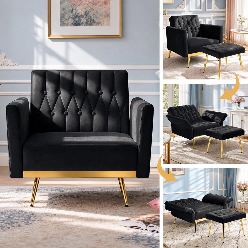 Velvet Accent Chair w/Ottoman & Adjustable Backrest, Black