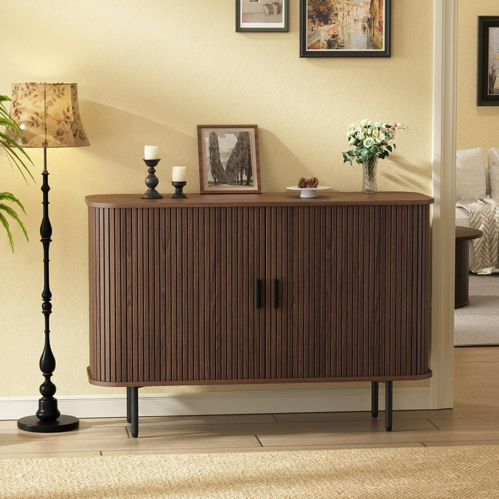 Fluted Sideboard Buffet Cabinet, Sliding Door/Adjustable Shelf, Walnut