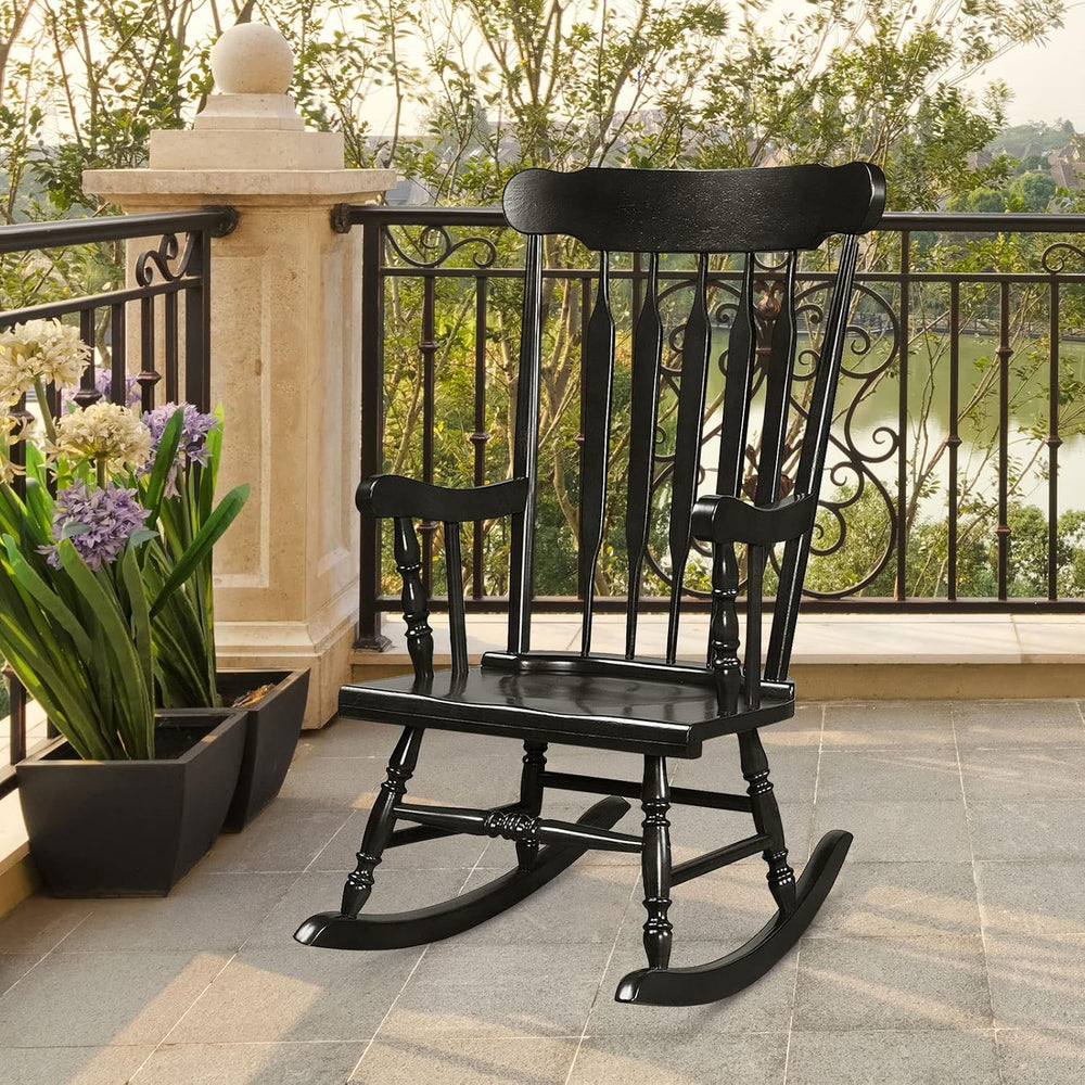 Tangkula Patio Rocking Chair, Solid Rubber Wood Frame, Black, 1 Pack