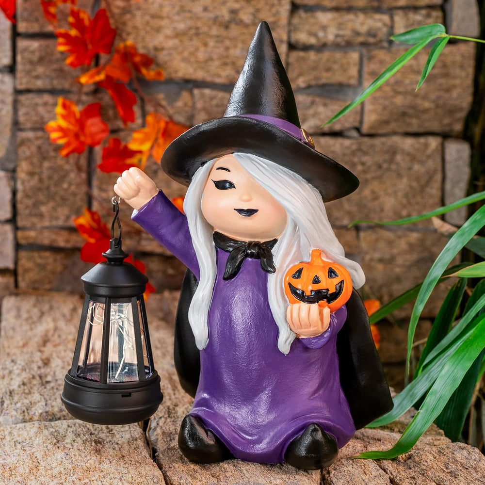 Halloween Witch Gnome Garden Statues with Pumpkin Solar Witch Gnome with LED ...