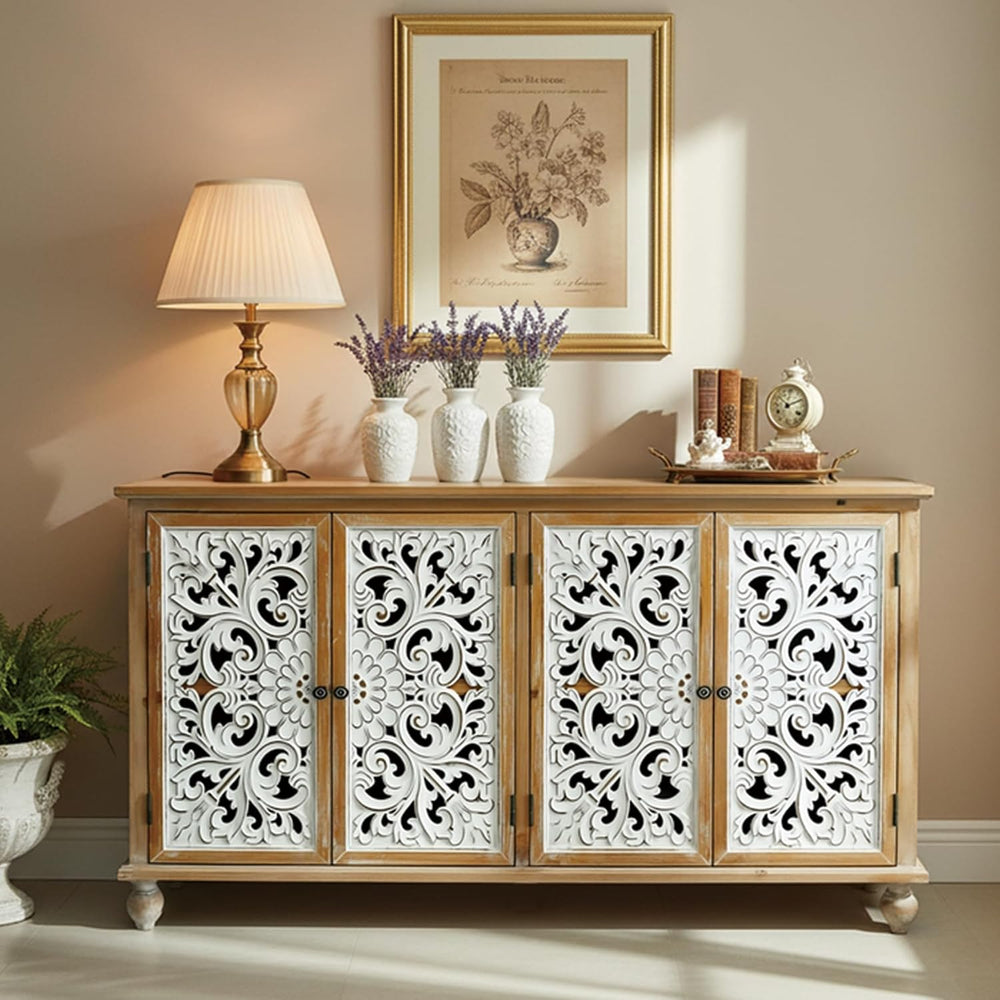 LKTART 60" Farmhouse Sideboard Buffet,Solid Wood Credenza Storage Cabinet