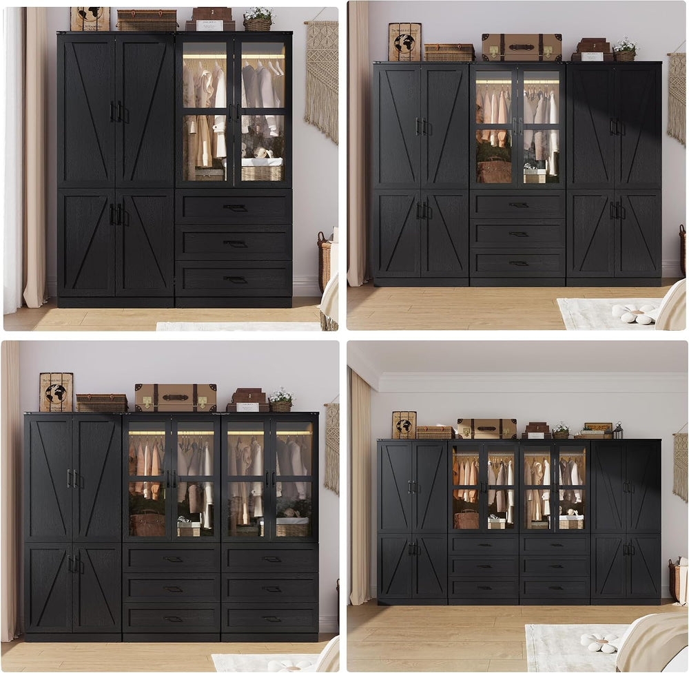 75" Tall Farmhouse 4 Doors Armoire Wardrobe Closet with 3 Drawers and LE...