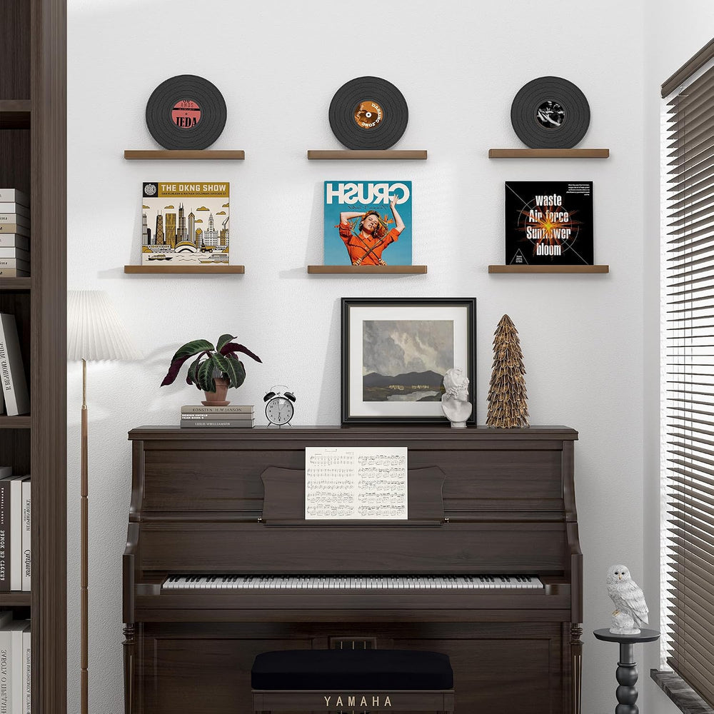 Heimlove Vinyl Wall Mount Solid Wood Record Shelf Display, Walnut, 6 Pack