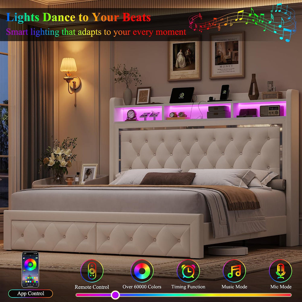 Keyluv Queen Velvet LED Bed Frame with 2 Drawers & Charging Station, Beige