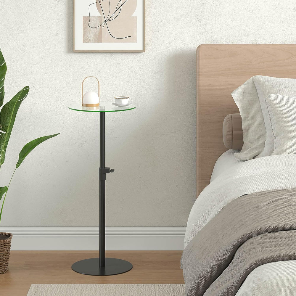 Round Side Table Set of 2, Glass End Table, Round Coffee Table, Black