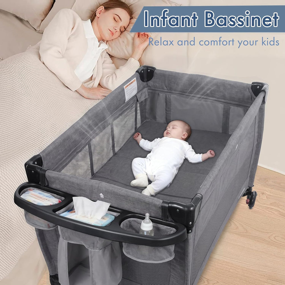 5-in-1 Pack and Play with Bassinet & Changing Table, Grey