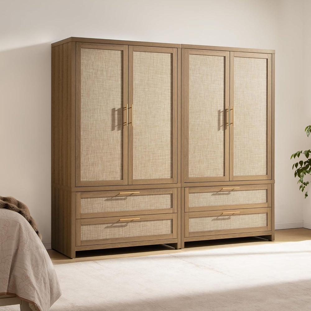 SICOTAS Rattan Armoire Wardrobe Closet, 71 inch Boho Wardrobe with Drawers