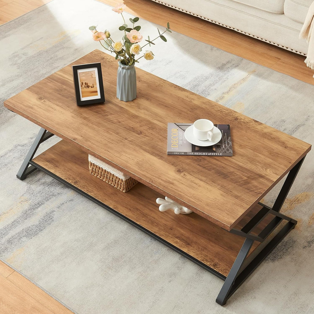 Rustic Modern Coffee Tables for Living Room with Storage, 47 Inch Oak Brown