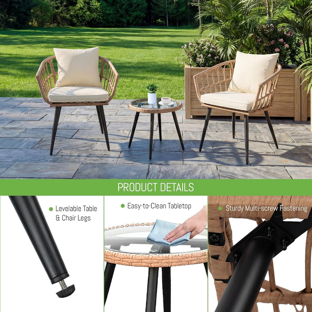 3 Piece Patio Bistro Set, All-Weather Outdoor Rattan Balcony Furniture Set wi...