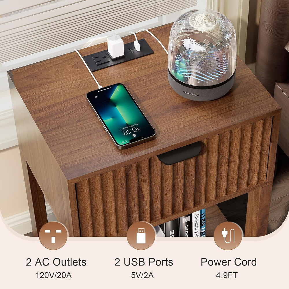 Nasonet Night Stand Set 2, Fluted Nightstand with Charging Station, Wood Beds...