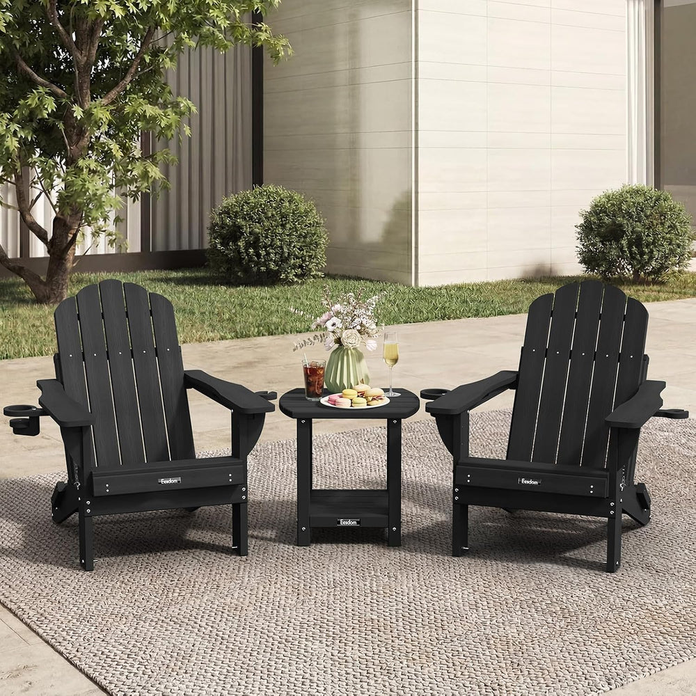 Folding Adirondack Chair 3-Piece(2 Chairs+ 1 Table) Set with Wood Grain, HDPE...