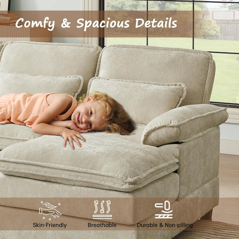 113" U Shaped Sectional Sofa, 4-Seater Cloud Couch, Chenille, Beige