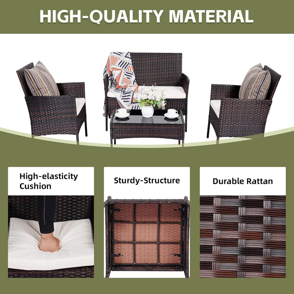 Patio Furniture Set 4 Pieces, Outdoor Rattan Furniture with Tempered Glass Co...