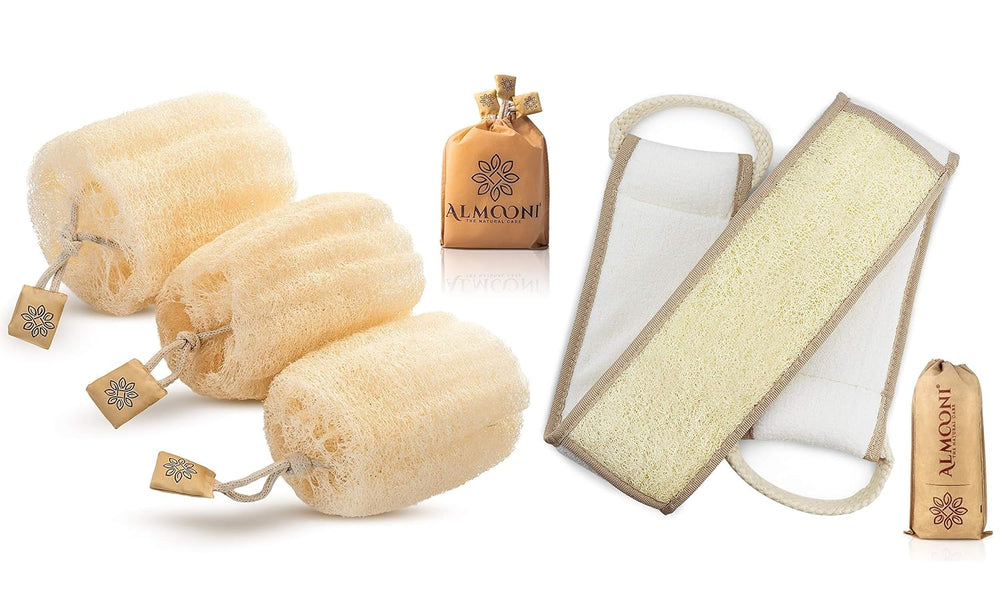 Premium Natural Egyptian Shower Loofah Sponge and Back Scrubber Back Bundle, ...