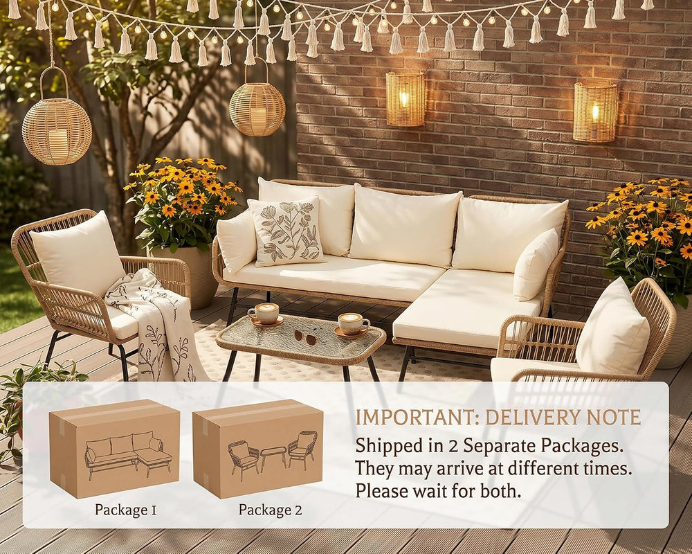 NICESOUL 5Pcs Boho Outdoor Patio Furniture Set, High Back L-Shaped Outdoor Co...