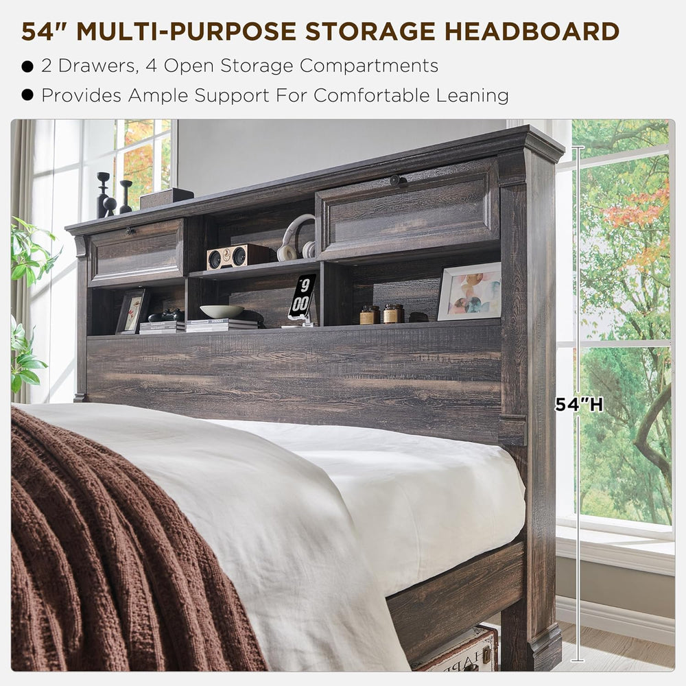 Queen Size Bed Frame with 54" Tall Headboard with 4 Storage Rack, 2 Drawers