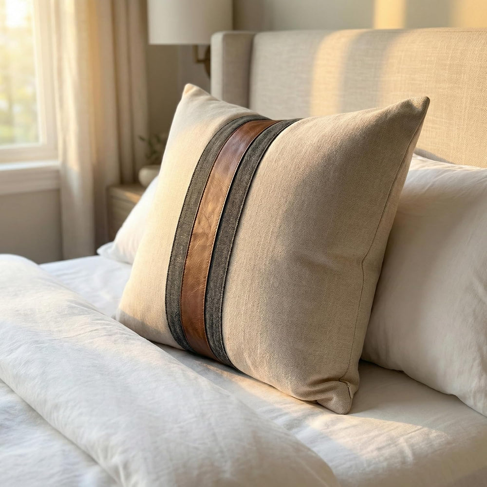 Set of 2 Leather Throw Pillow Covers Cotton Linen Decor Patchwork Pillow Cove...