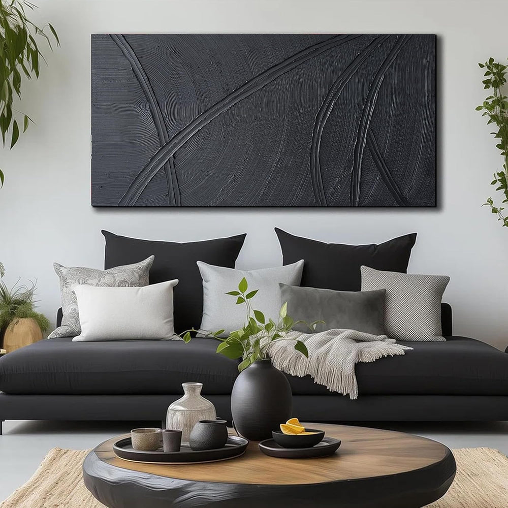 Black Abstract Wall Art Hand Painted Minimalist Textured Painting 20"x40...