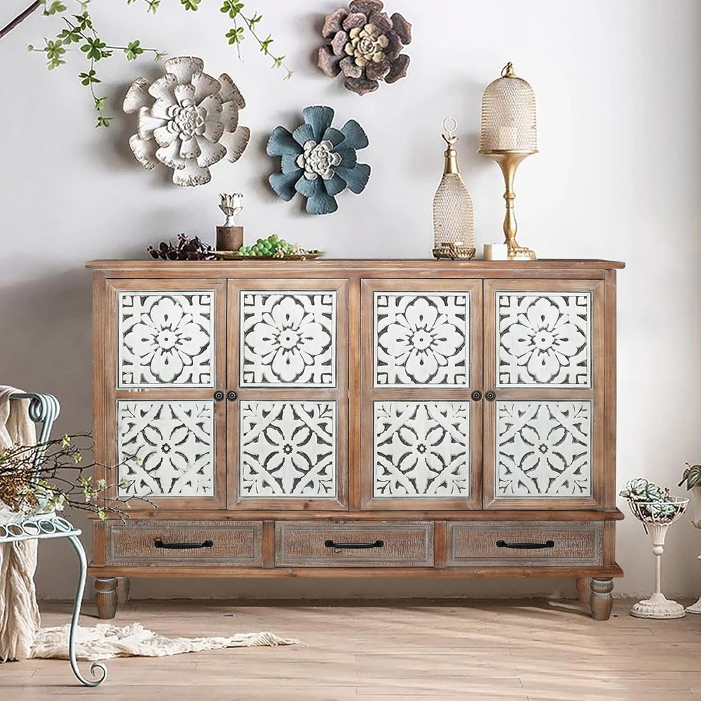 LKTART 59" Solid Wood Sideboard Buffet Carved Storage Cabinet with Drawers