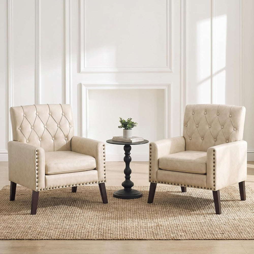 Mid Century Modern Accent Chair Set of 2, Ivory White Faux Leather Office Cha...