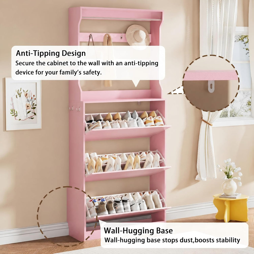Pink Hidden Shoe Cabinet with 3 Flip Drawers & Coat Rack, Entryway