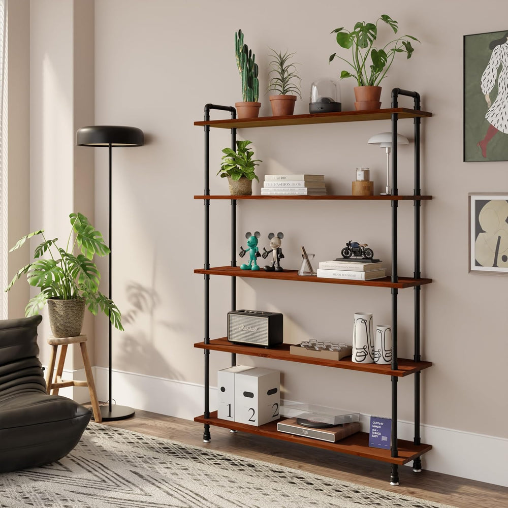 Industrial Bookshelf, Pipe Shelf Bookcase, 5 Tier, 48" Walnut