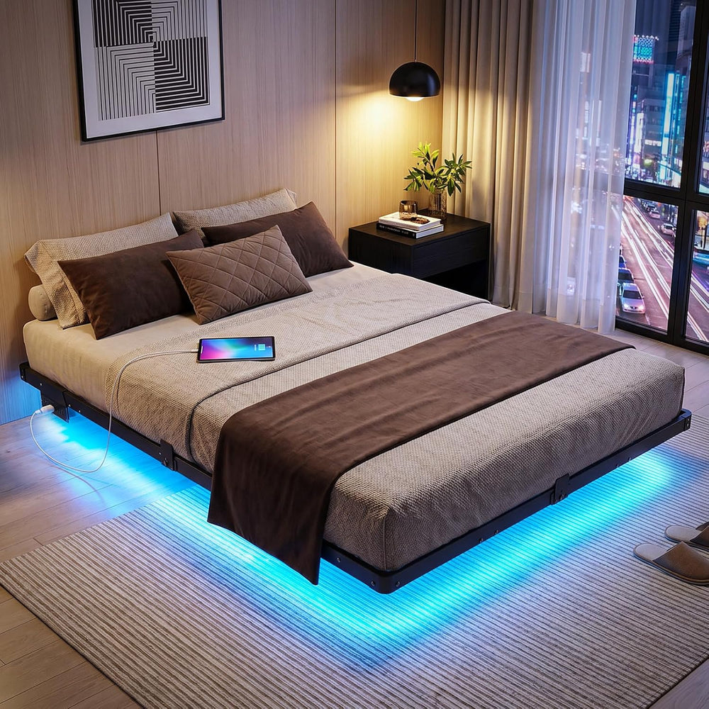 Liians Queen Floating Bed Frame with Smart LED Lights, USB Charging Station