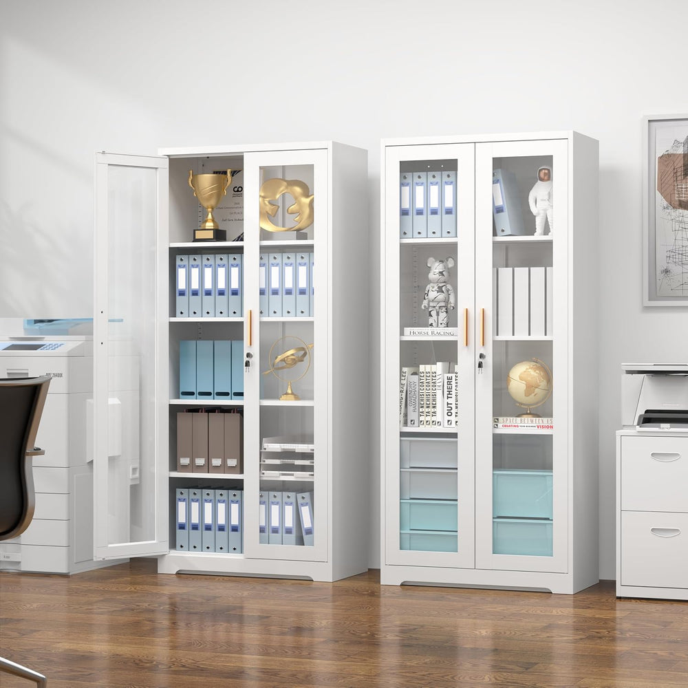 Polup 71" White Metal Glass Display Cabinet with Security Lock