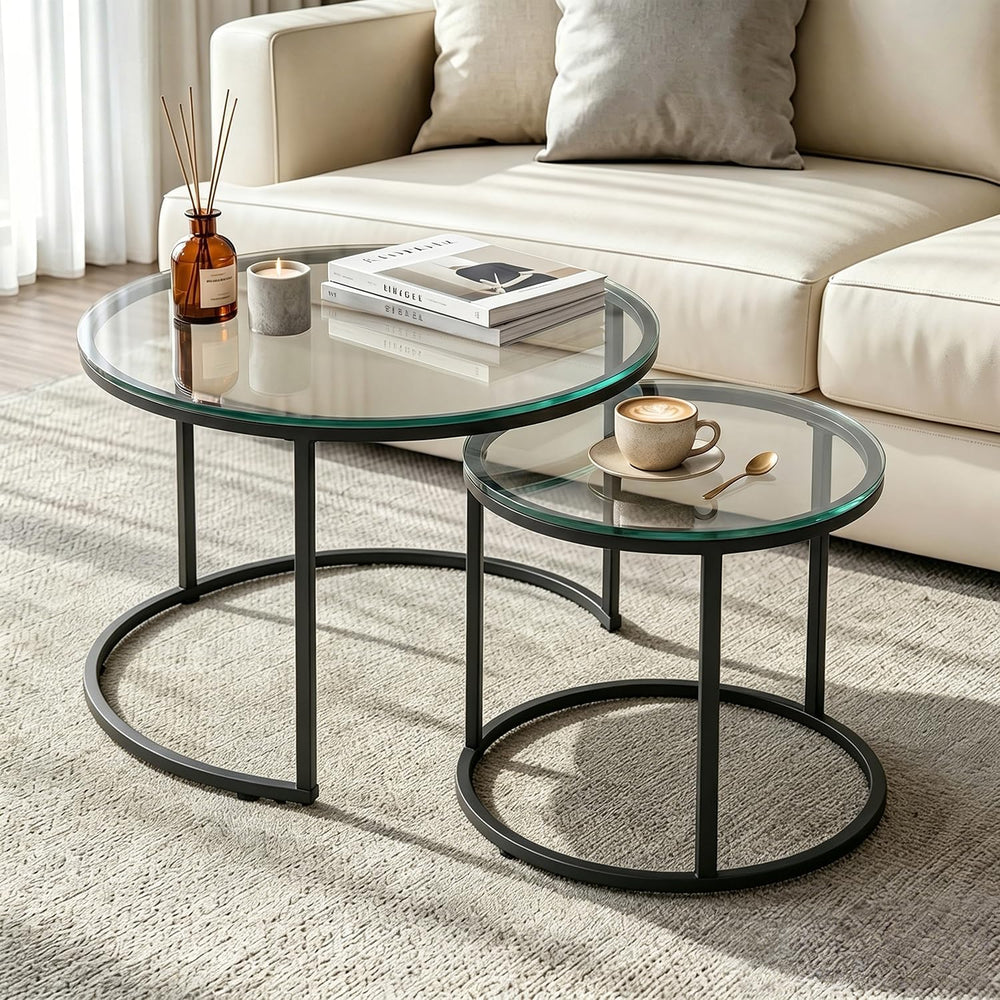 Round Nesting Coffee Table Set of 2, Modern Nesting Tables, Minimalist Stacki...