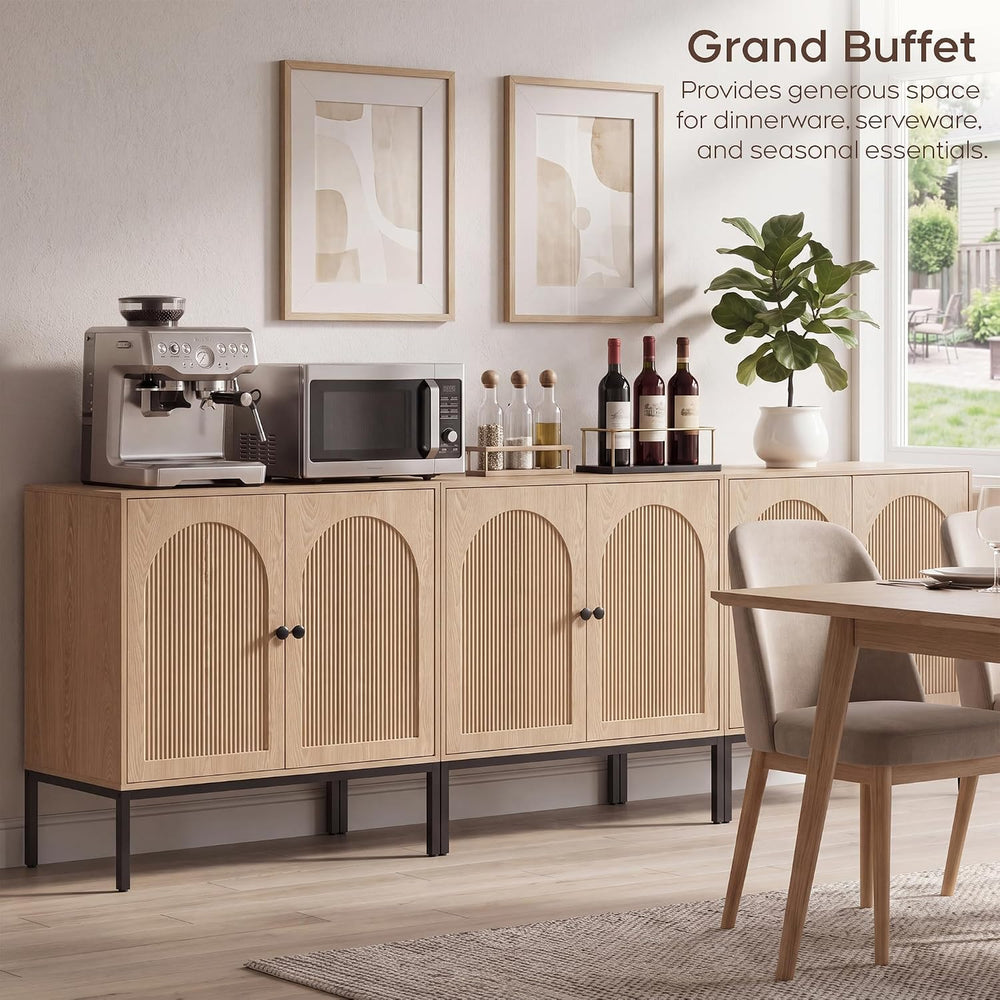 Yechen Fluted Sideboard Buffet Cabinet with Storage, Set of 3, Natural Oak