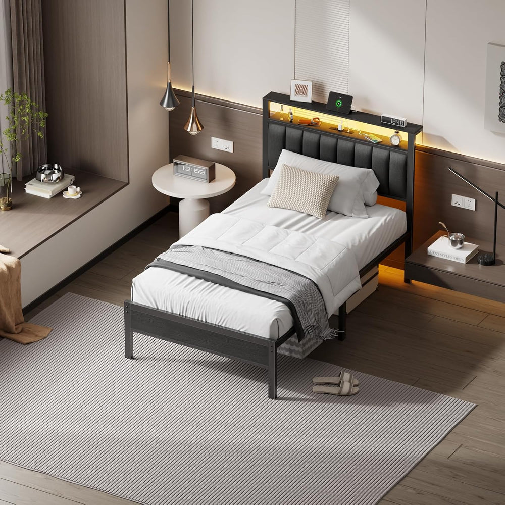 Furnulem Twin Size Bed Frame with Charging Station and LED Lights
