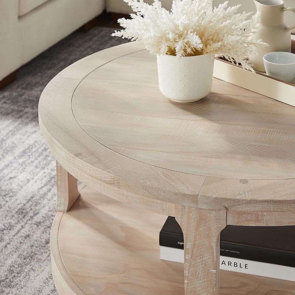 WILLIAMSPACE 40" Round Coffee Table with Wheels, Circle 2 Tier Solid Woo...