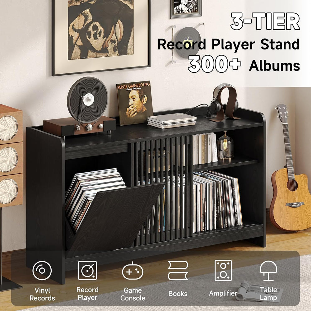 ONBRILL 48" Record Player Stand w/Flip-Out Storage Cabinet, Sliding Door