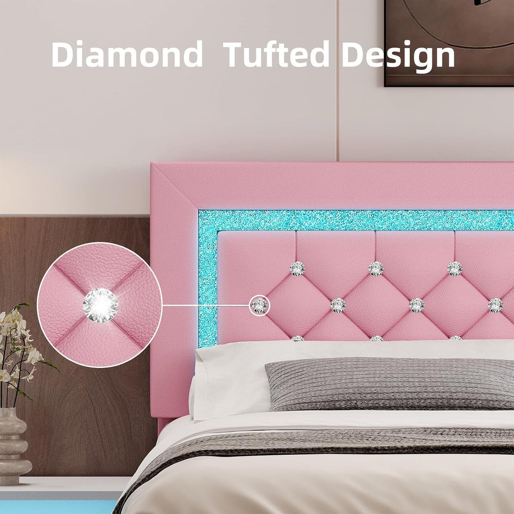 BarnFurin Full Bed Frame with LED Lights, Diamond Tufted Headboard, Pink