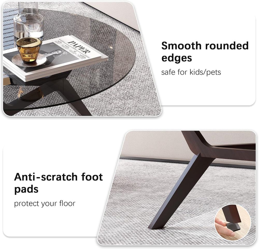 Vlsrka Round Glass Coffee Table, Soild Wood Base, 31.5" W, Walnut