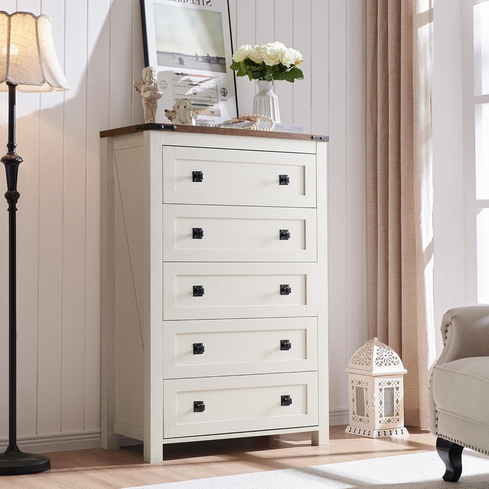 T4TREAM 48" Tall Farmhouse 5-Drawer Dresser for Bedroom, Antique White