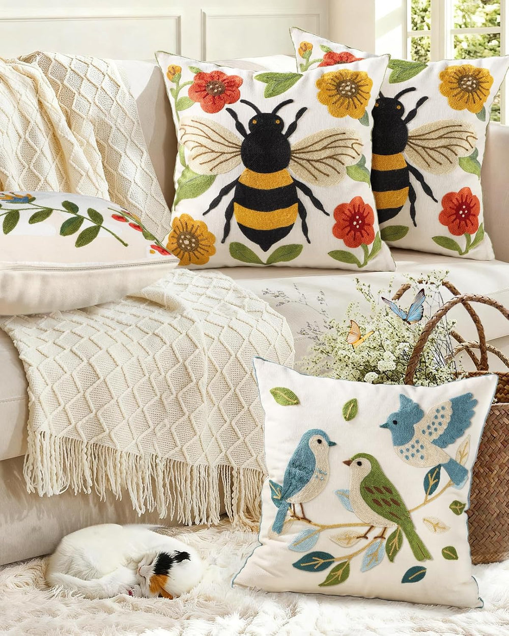 Animal Embroidered Throw Pillow Covers 18x18 Inch, Bee Floral