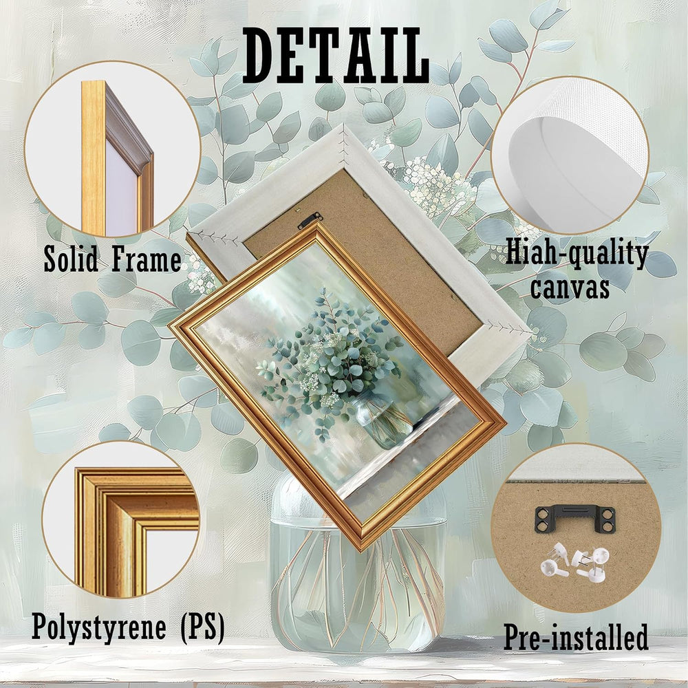 EJPFOGV White Flowers Eucalyptus Still Life Framed Canvas Wall Art 12x16 in