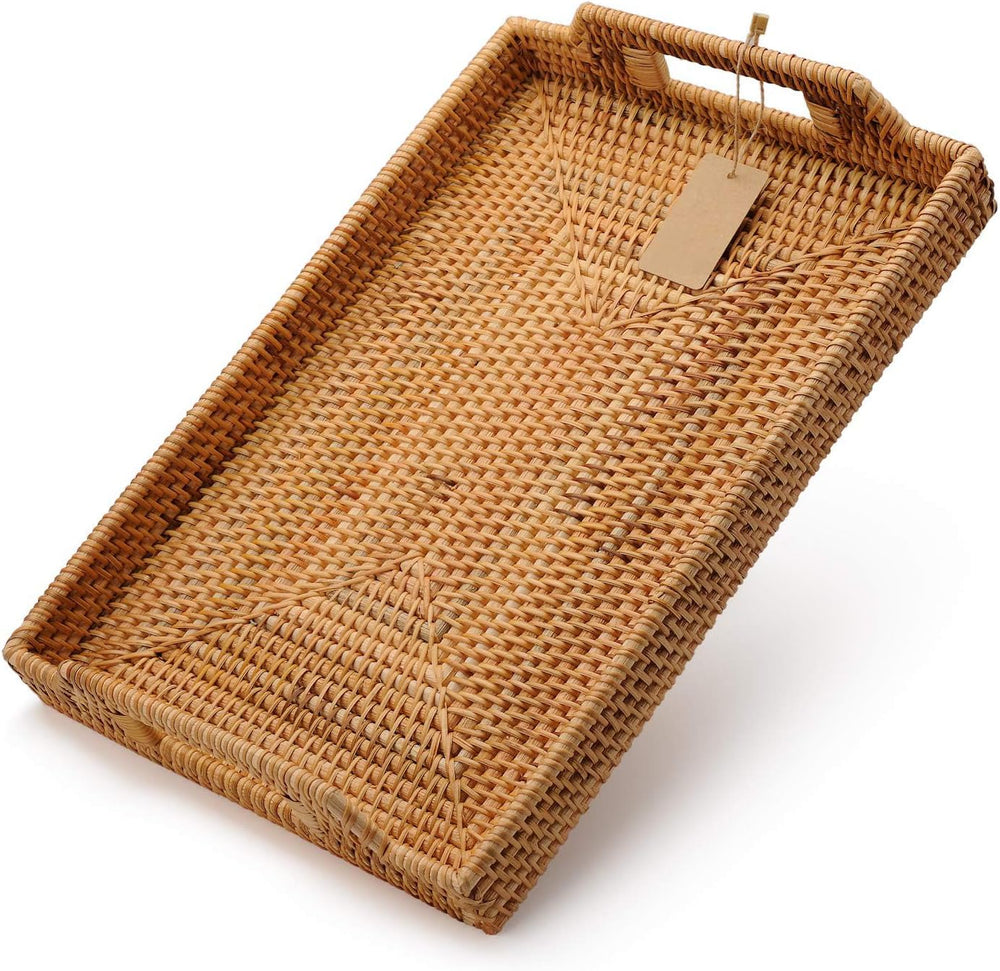 Hand-Woven Rattan Rectangular Serving Tray with Handles for Breakfast, Drinks...