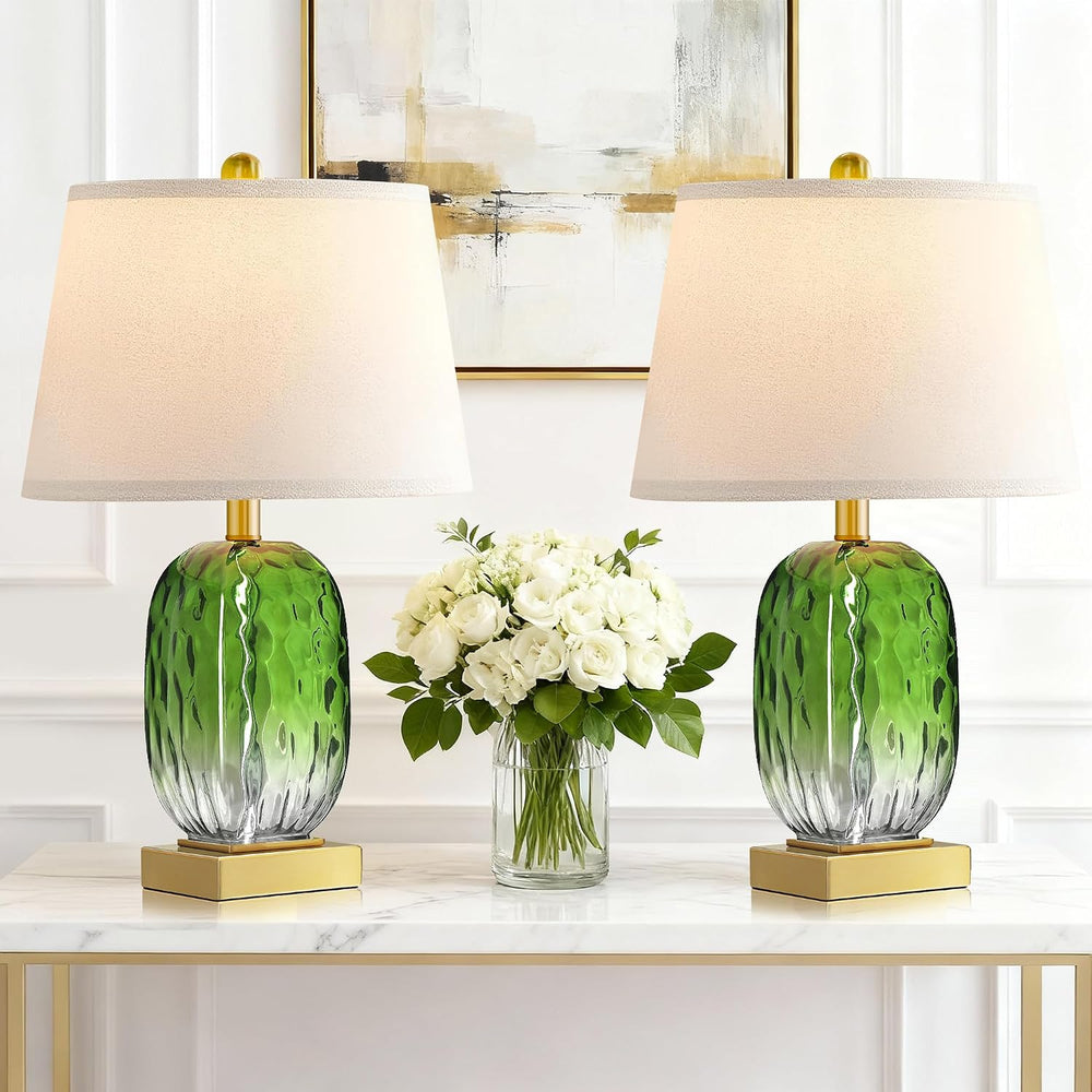 Green Glass Table Lamp Set of 2 Touch Control, 2 USB Ports, Dimmable