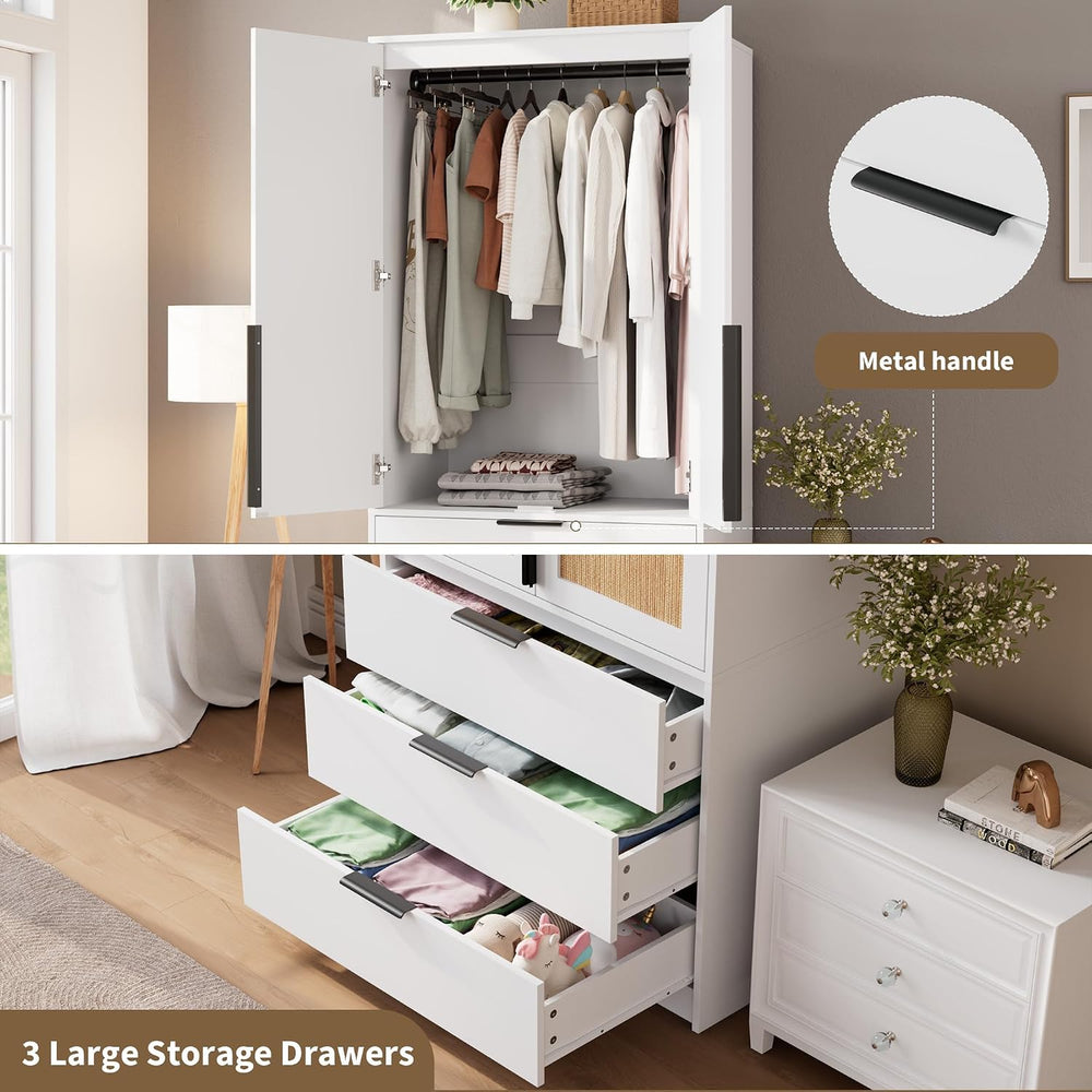 GarveeHome 70" Wardrobe Armoire Wooden Closet with 3 Drawers, White