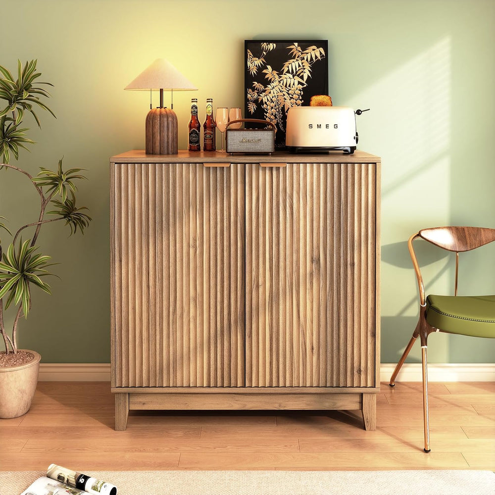 Fluted Accent Cabinet with Doors and Shelves Modern Wood Storage Cabinet for ...