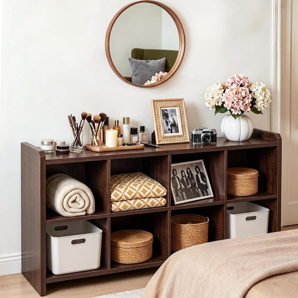 8 Cube Low Storage Organizer, 63" Long Horizontal Bookshelf, Dark Walnut