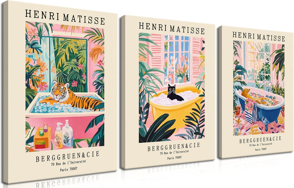 Funny Bathroom Canvas Wall Art Set of 3, Matisse Black Cat Animal Wall Decor ...