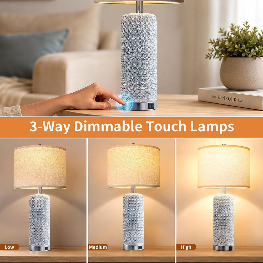 Farmhouse Table Lamps Set of 2 with USB A+C & 3-Way Touch Dimmable
